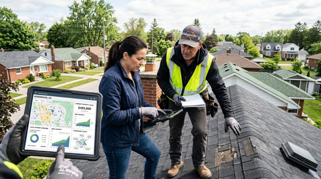Homeowner and contractor examining roof condition while cons