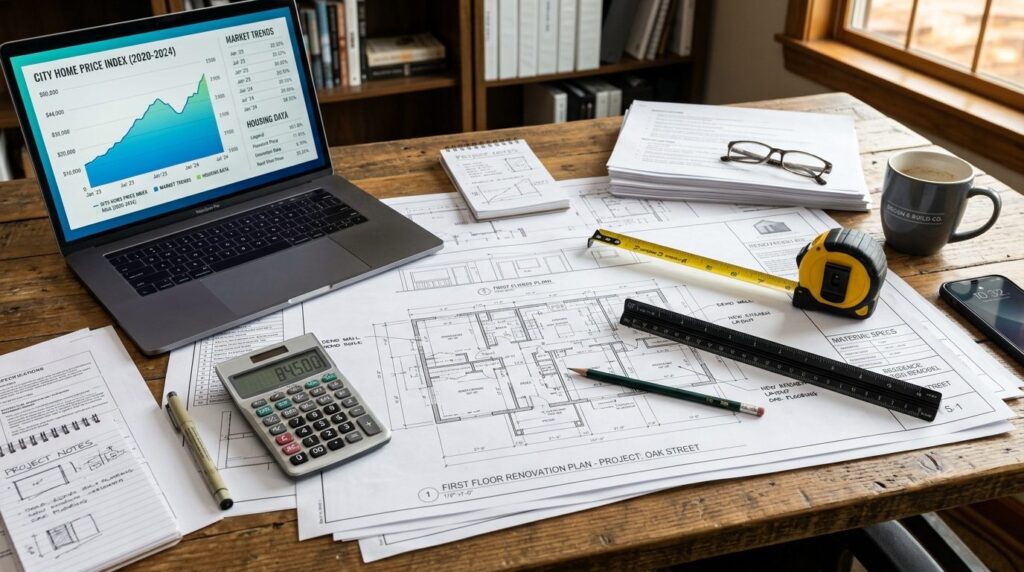 Close-up of architectural blueprints and renovation plans sp